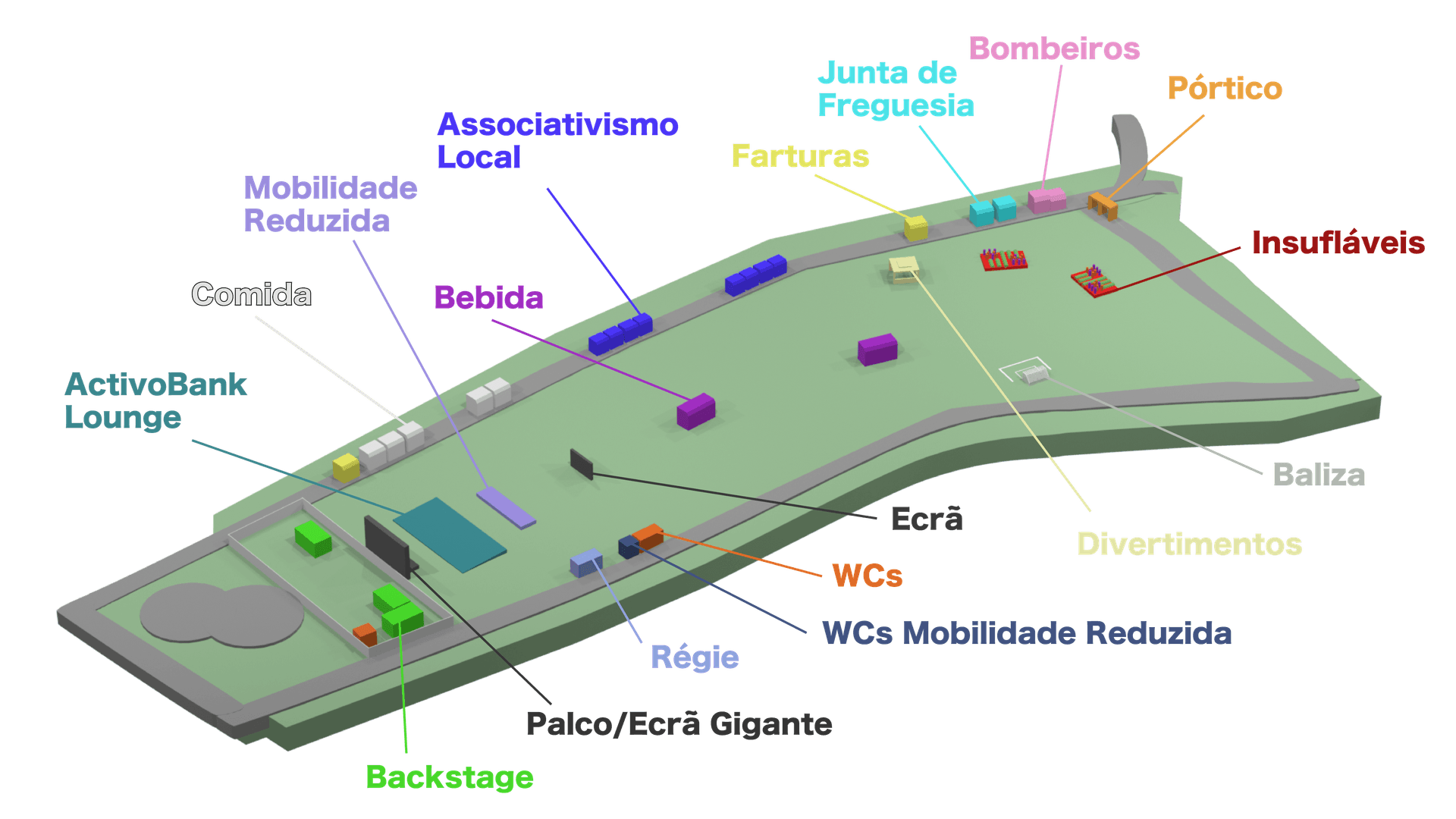 Mapa do recinto Goalfest com legenda das zonas: palco, ecrã gigante, food trucks, bebidas, WCs, zonas de mobilidade reduzida e entradas.